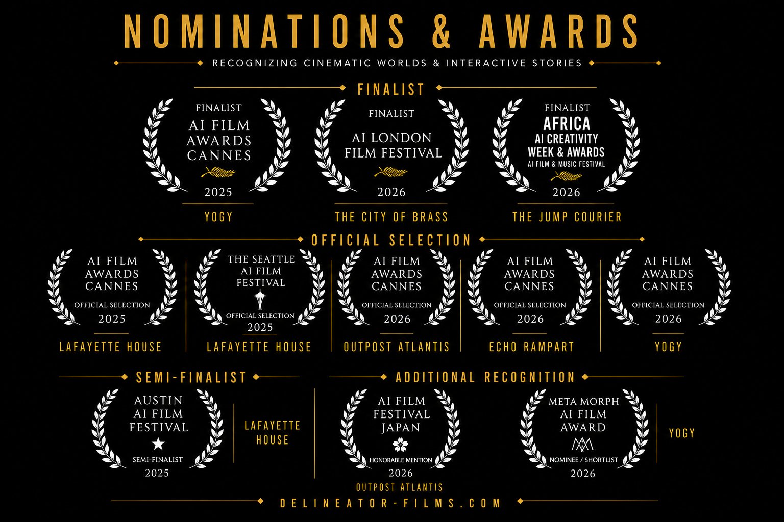 Delineator nominations and awards across AI film festivals