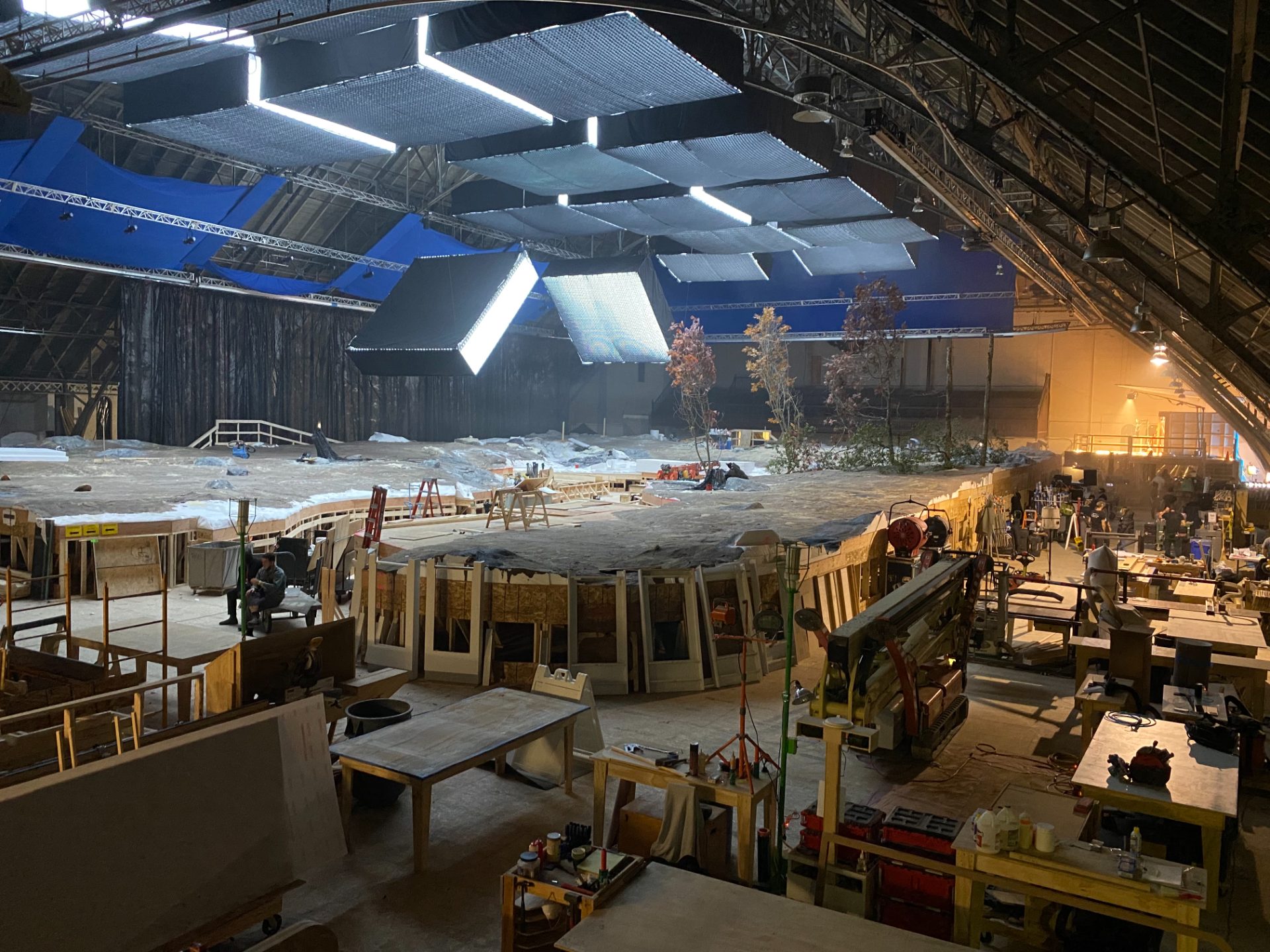 Forest set under construction on a soundstage