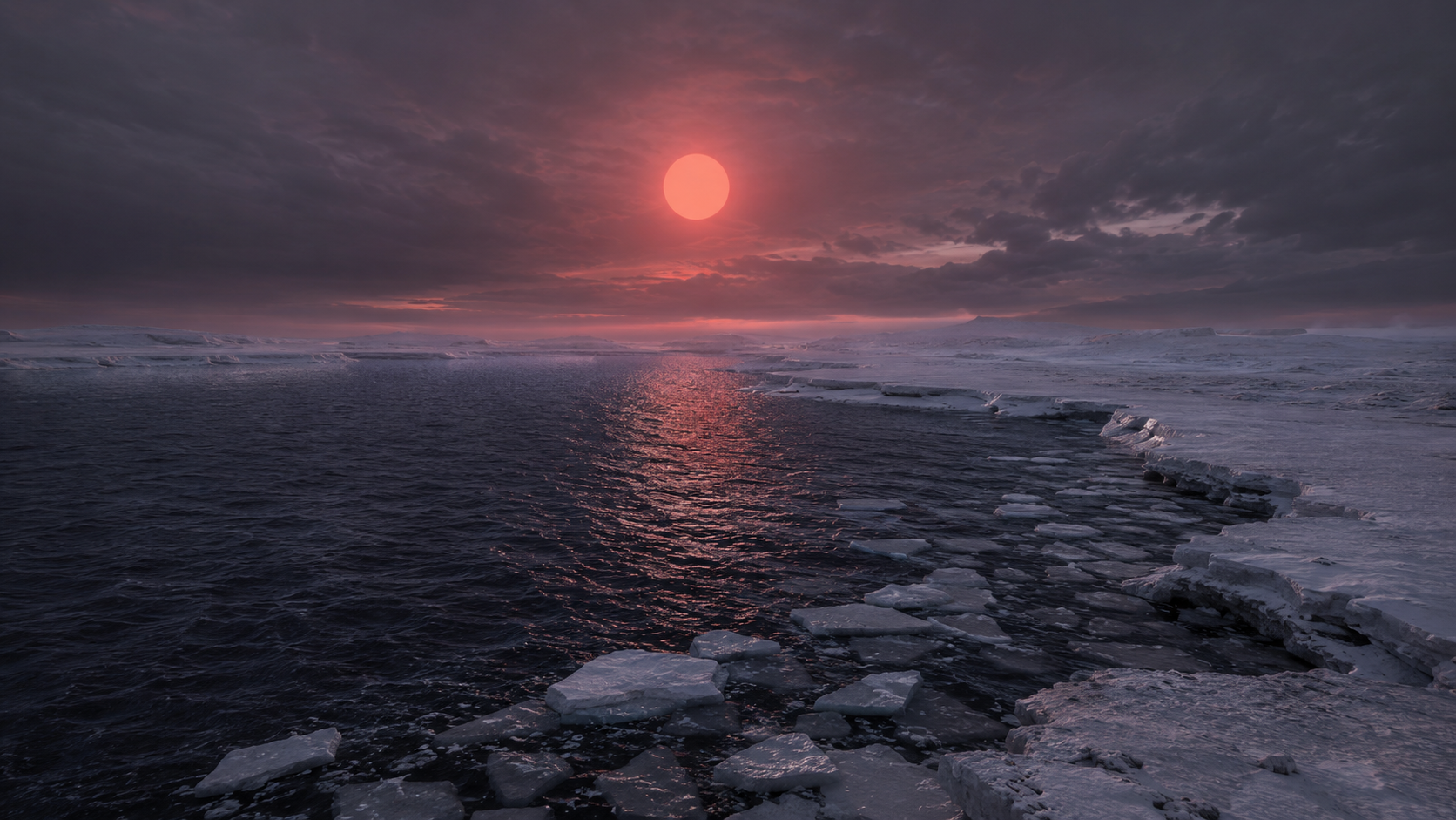 A red dwarf sun low over the dark ocean and sea ice of LHS 1140 b