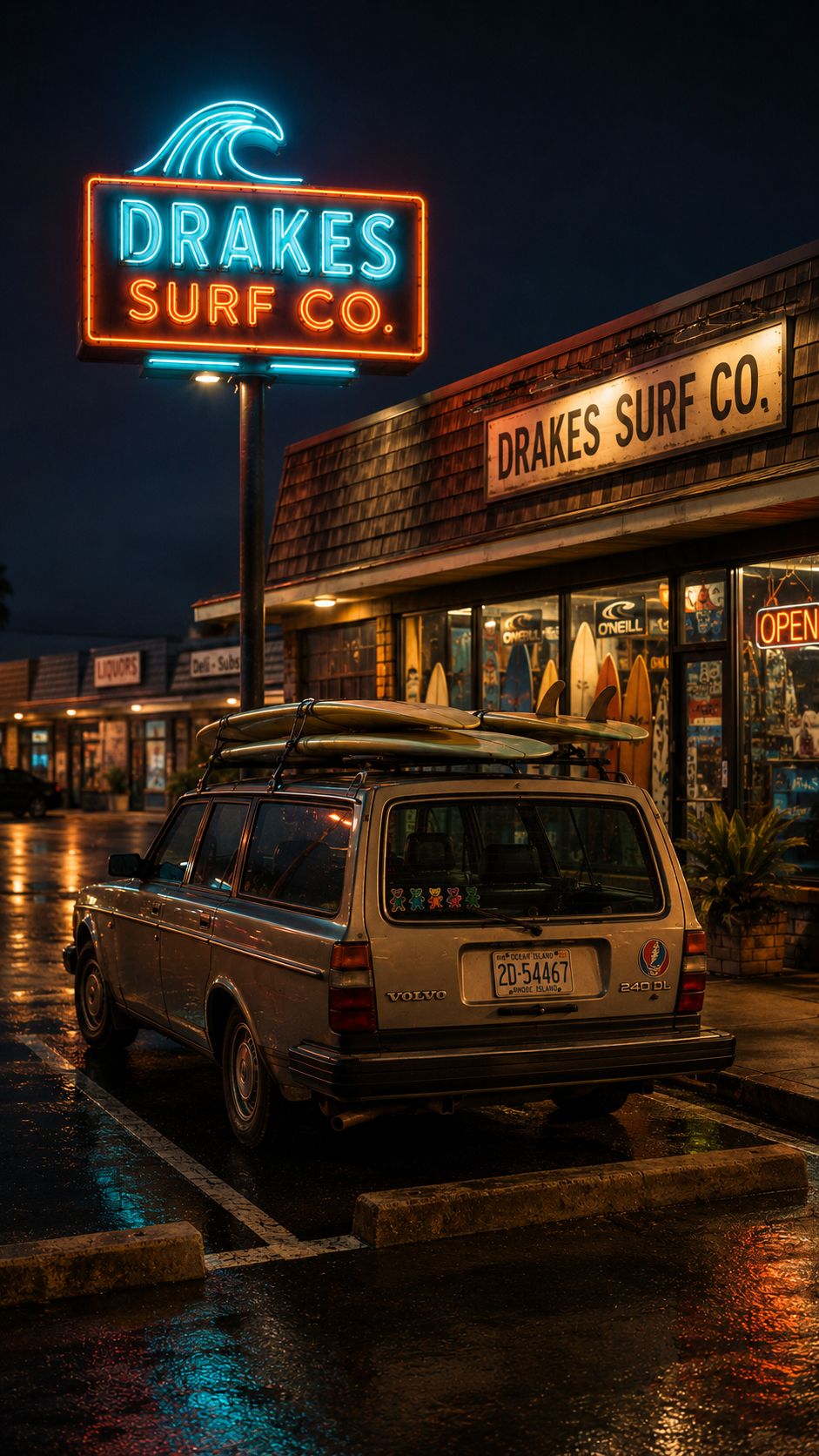 The Volvo 240 outside Drakes Surf Co.