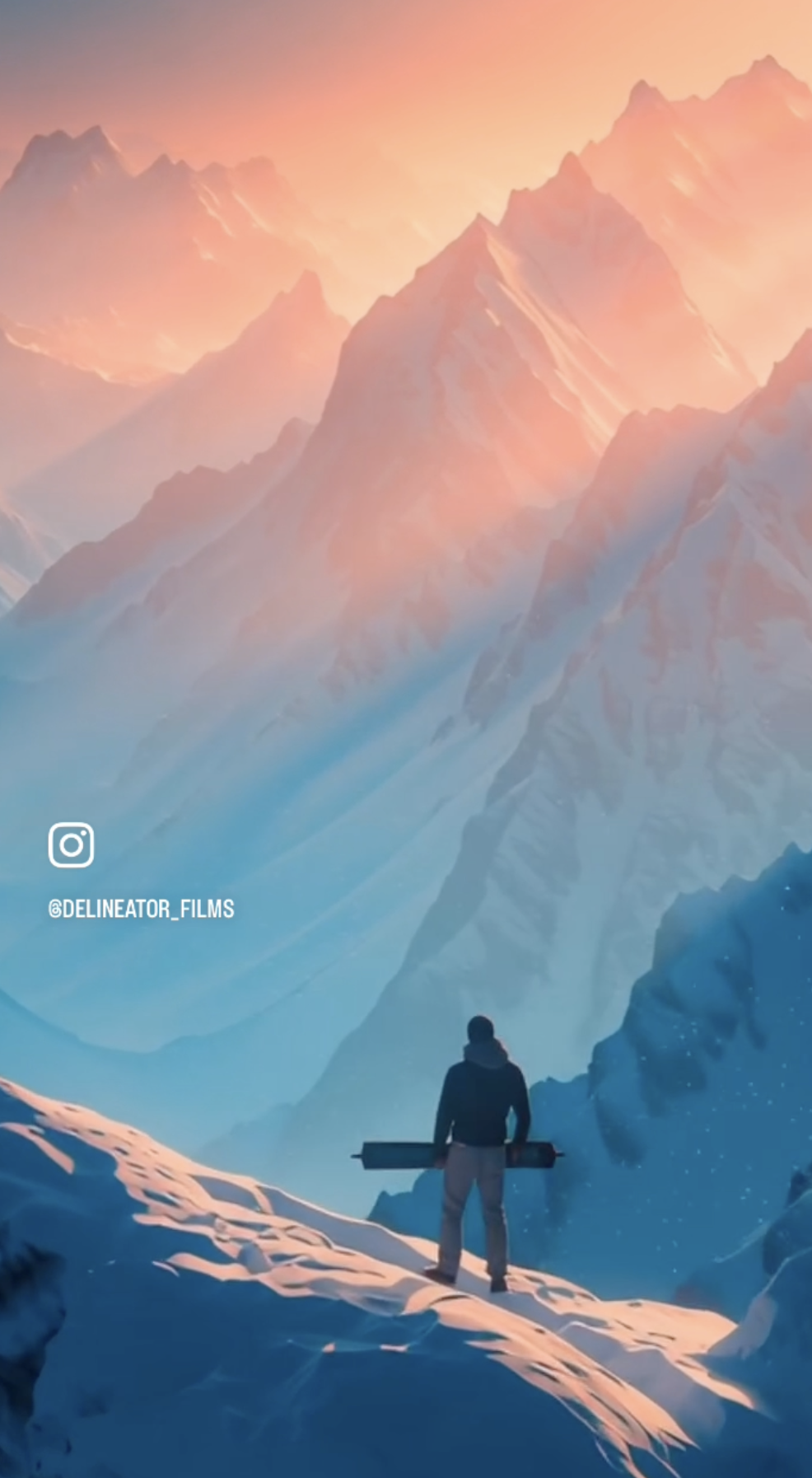 A lone figure dwarfed by snow-draped redwoods under a coral sky