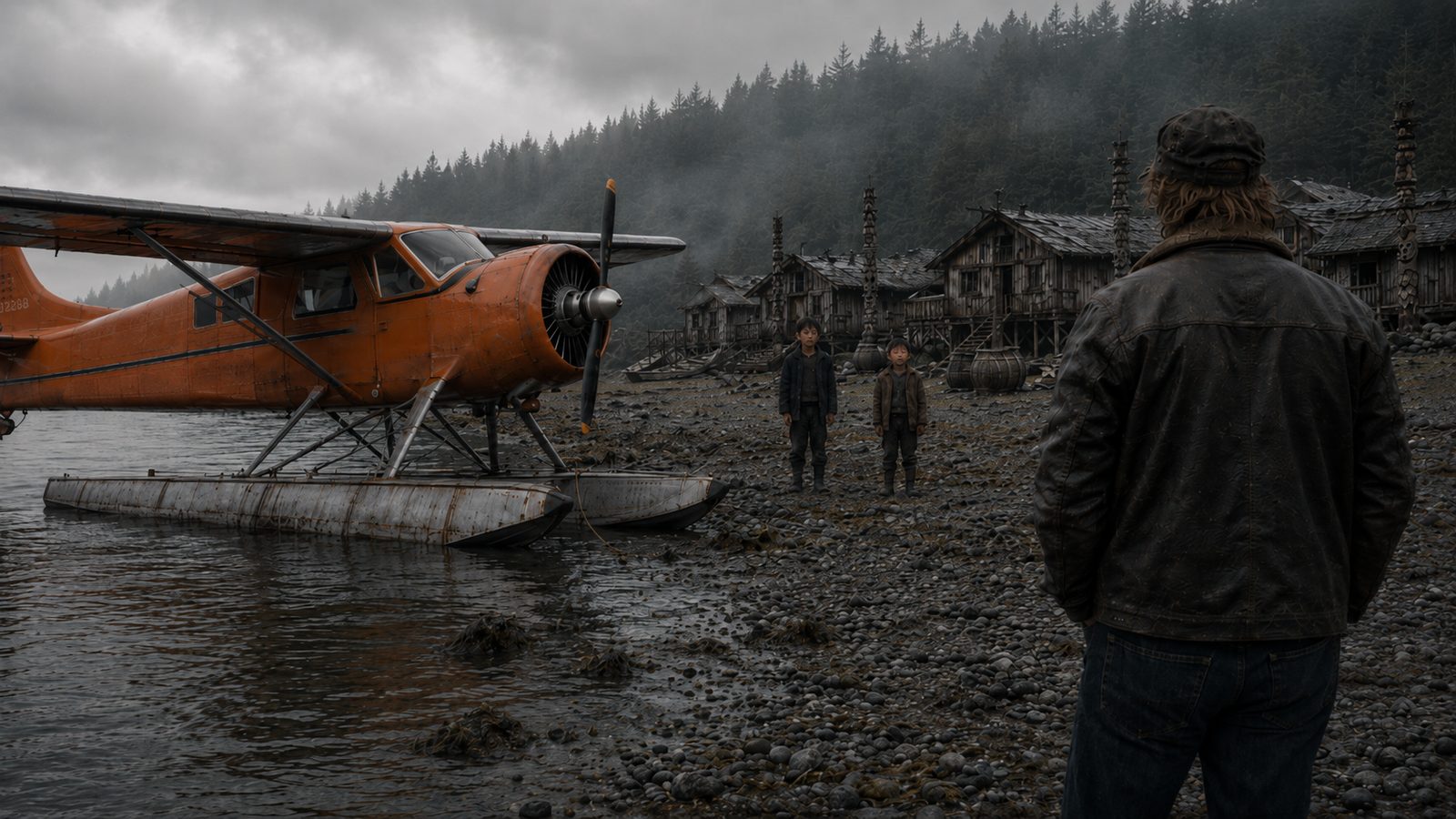 Billy on the misty shoreline, the floatplane beached behind him