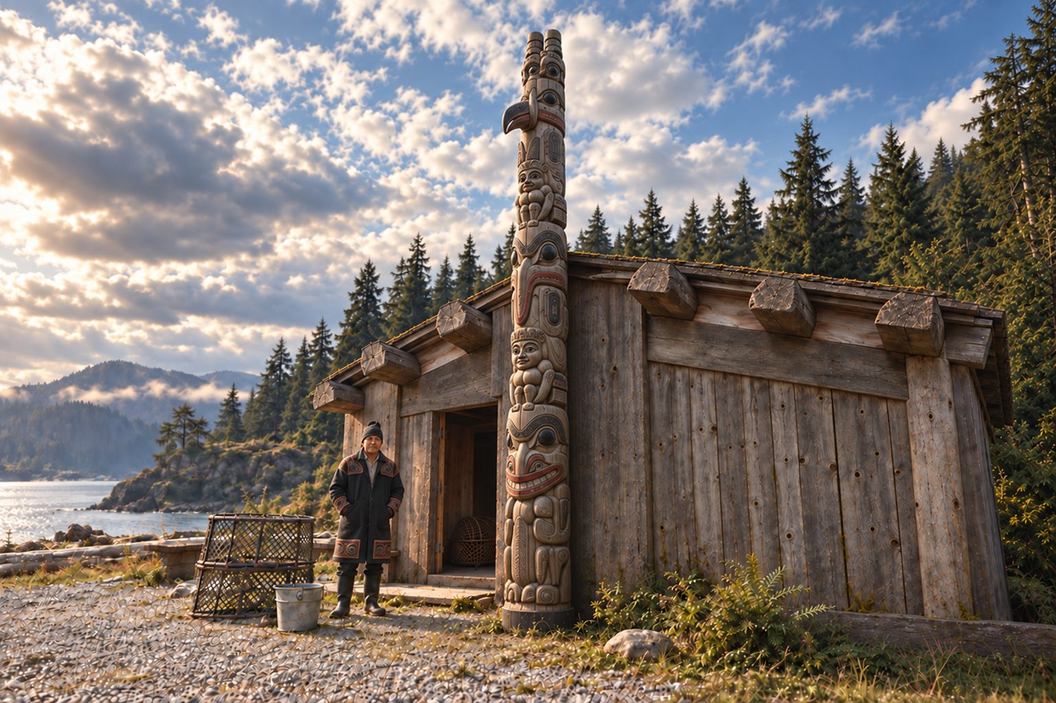 The elder outside his house at the shore