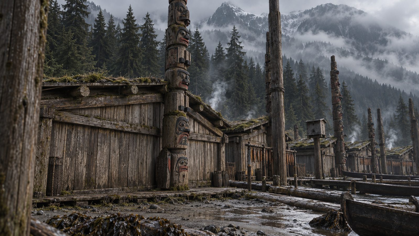 The longhouse village at Leekwil under snow-capped peaks