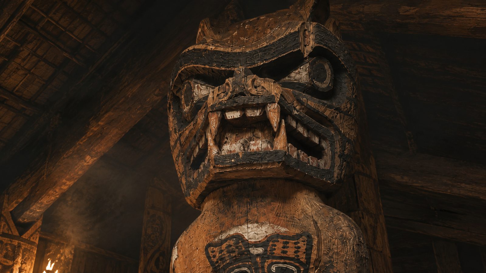 A monstrous carved totem in the firelit hall