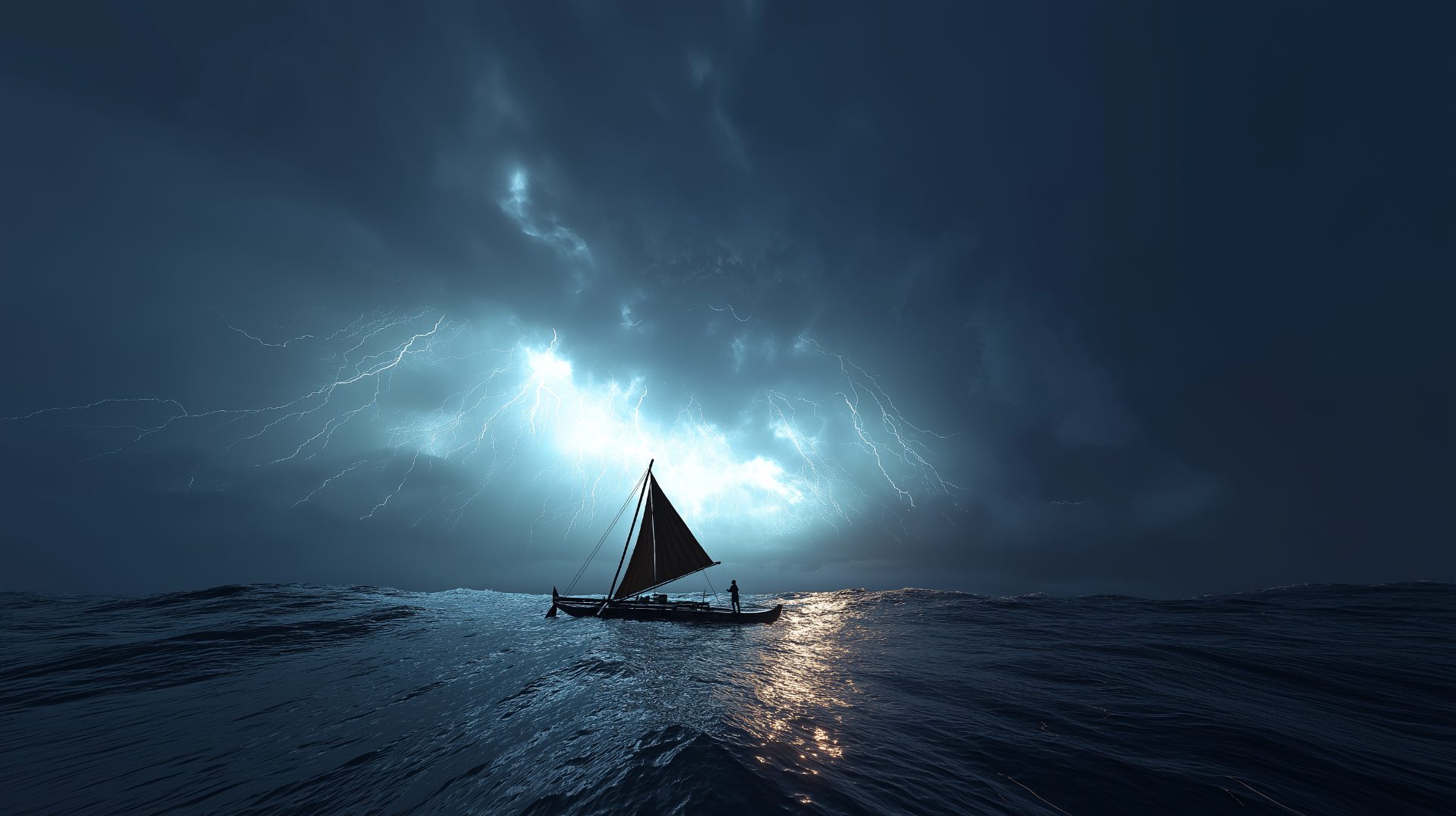The night crossing under a lightning sky