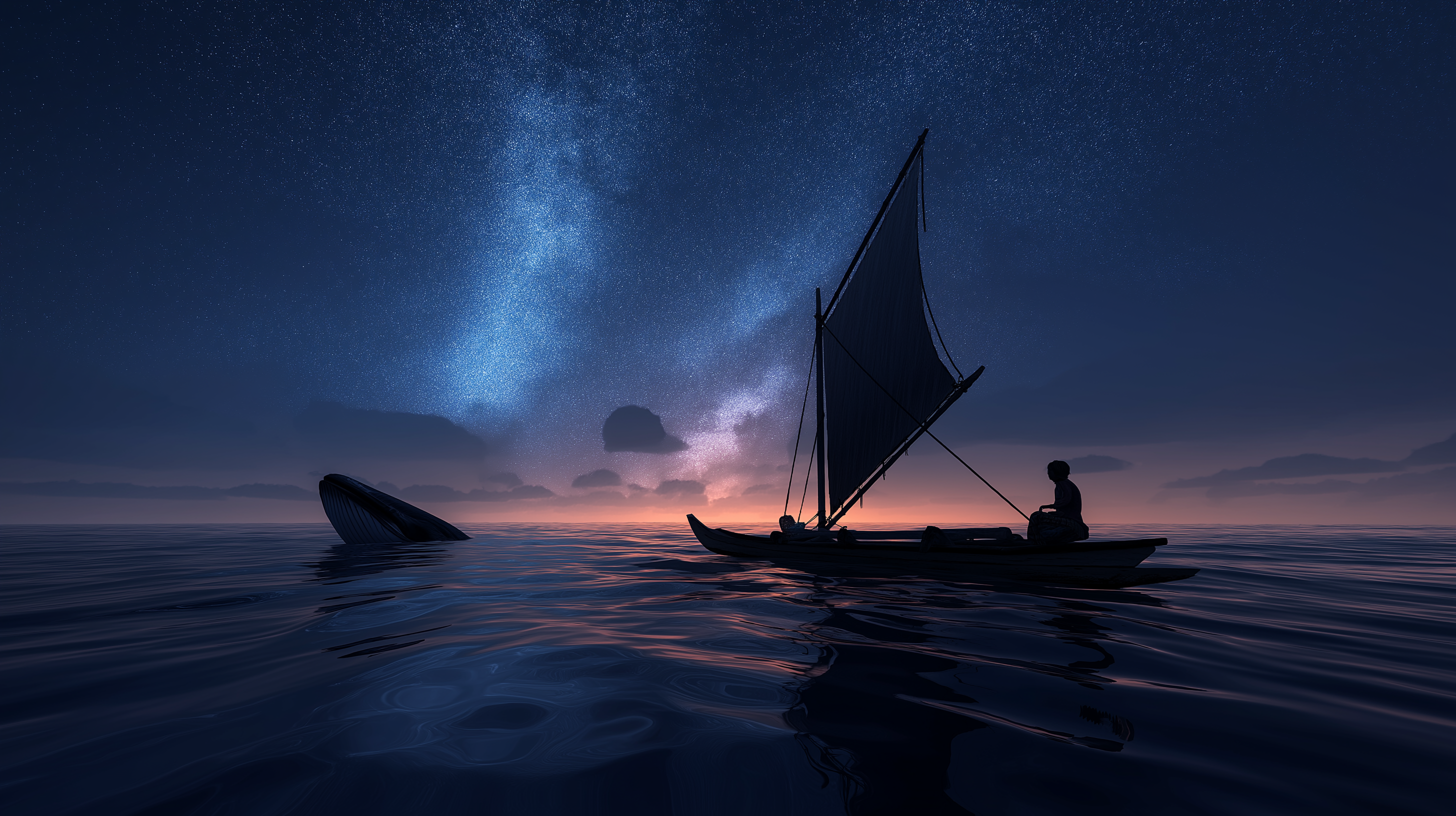 A whale surfaces beneath the star path